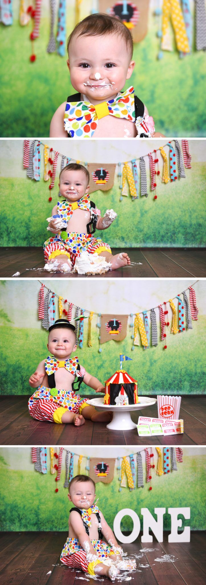 FYMNSI Set Compleanno Primo Anno Bambino Tema Circo - Body Bretelle Pantaloncini E Fascia 4 Pezzi